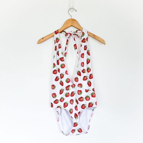 Blackmilk Other - Blackmilk RARE SAMPLE All Over Strawberry Print Halter Tie Neck One-piece Swimsu